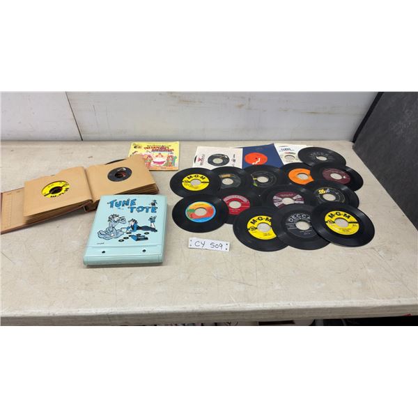 Vintage Tune Tote 45 RPM Record Carrying Case with Assorted 45 RPM Records and More