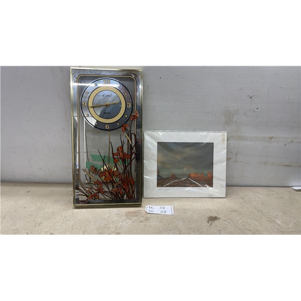 R. Carlyle Quartz Mirrored Wall Clock with Floral Design and "Kings at Sunset" Matted Print