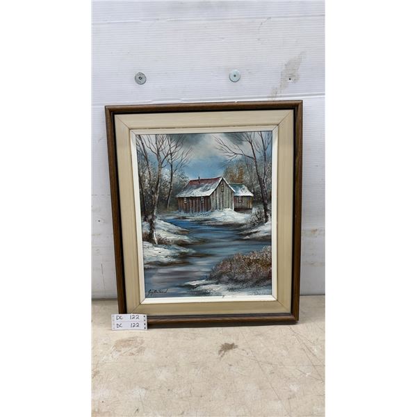 Guy Béland Original Oil Painting, Winter Cabin by Stream Landscape, Framed