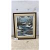 Image 1 : Guy Béland Original Oil Painting, Winter Cabin by Stream Landscape, Framed