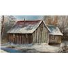 Image 2 : Guy Béland Original Oil Painting, Winter Cabin by Stream Landscape, Framed
