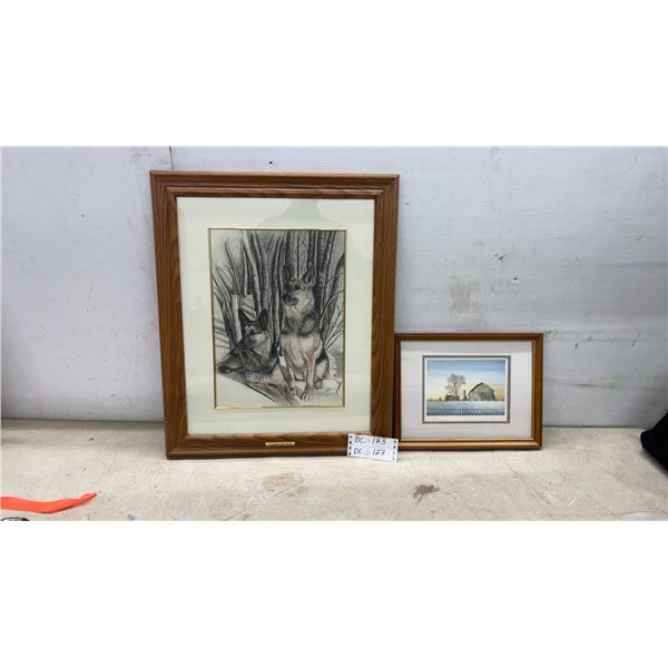 Framed 1999 German Shepherds Drawing by Sandra S. Cote and "First Light" Print by Evan J. Brukalo