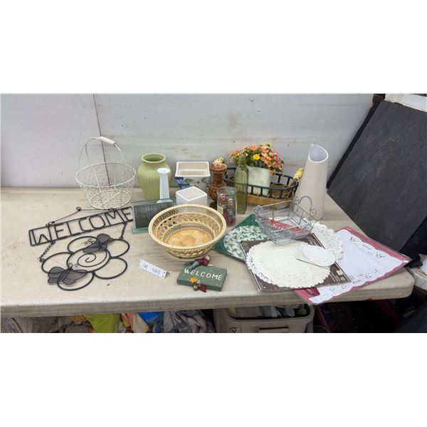 Home Décor: Wire "Welcome" Sign, Vases, Baskets, Doilies, Faux Florals and More