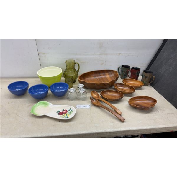 Large Monkey Pod All Wood Salad Set with 2 Servers, Plastic Bowl, Glass Pitcher,