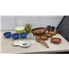 Image 1 : Large Monkey Pod All Wood Salad Set with 2 Servers, Plastic Bowl, Glass Pitcher,