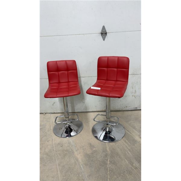 Pair of Modern Red Faux Leather Adjustable Swivel Bar Stools with Chrome Hydraulic Base