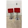 Image 2 : Pair of Modern Red Faux Leather Adjustable Swivel Bar Stools with Chrome Hydraulic Base
