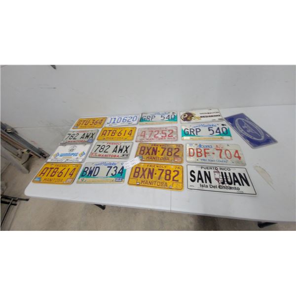 Collection of 17 Vintage and Modern License Plates: Manitoba, Alberta, and Puerto Rico