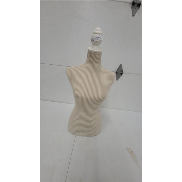 Female Torso Display Mannequin with Cream and Tan Striped Fabric and Decorative Finial
