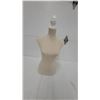 Image 1 : Female Torso Display Mannequin with Cream and Tan Striped Fabric and Decorative Finial