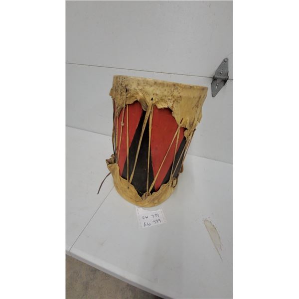 Native American Double-Headed Rawhide Drum with Red and Black Zigzag Pattern 18" Hgt. 12" Diameter
