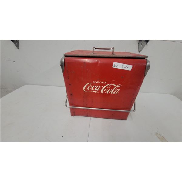 Vintage 1950s Coca-Cola Red Metal Picnic Cooler with Chrome Corners and Wire Bail Handles