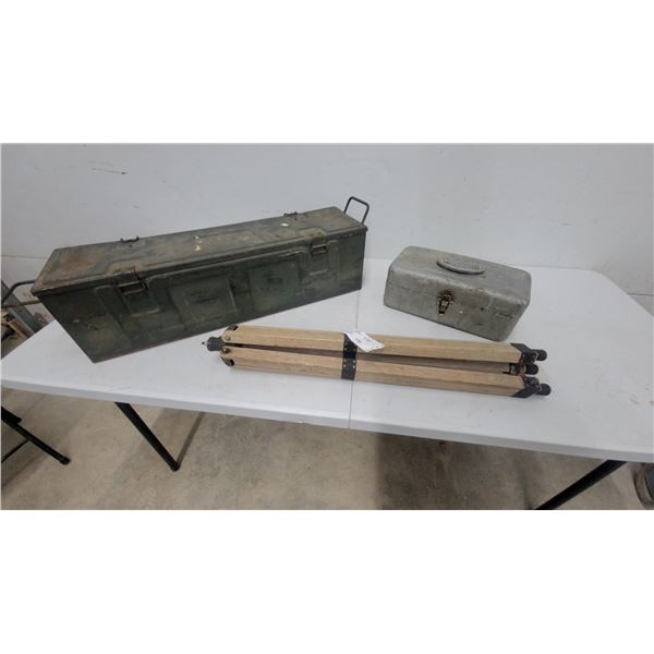 1944 Military Optical Instrument Case, Wooden Surveying Tripod and Vintage Fishing Metal Tool Box