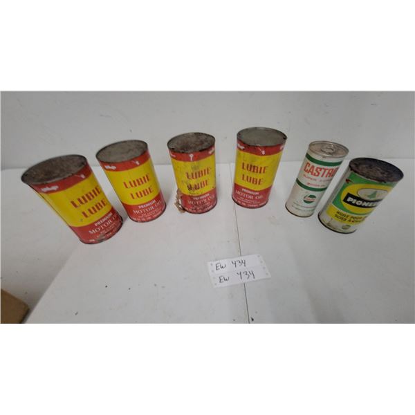 Lubie Premium Motor Oil Cans, Castrol Super 2-Stroke Motor Oil and Pioneer Chainsaw Oil Cans