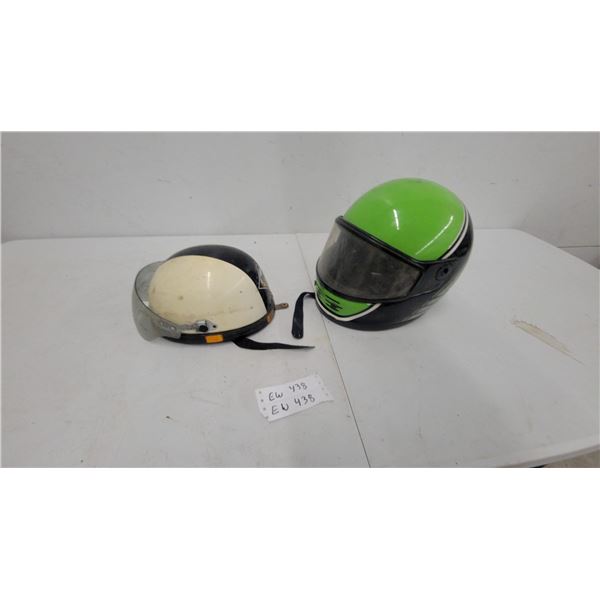 Vintage BACM Open-Face Motorcycle Helmet and Green Striped Visor Helmet, 1970s-1980s