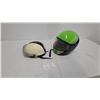 Image 1 : Vintage BACM Open-Face Motorcycle Helmet and Green Striped Visor Helmet, 1970s-1980s