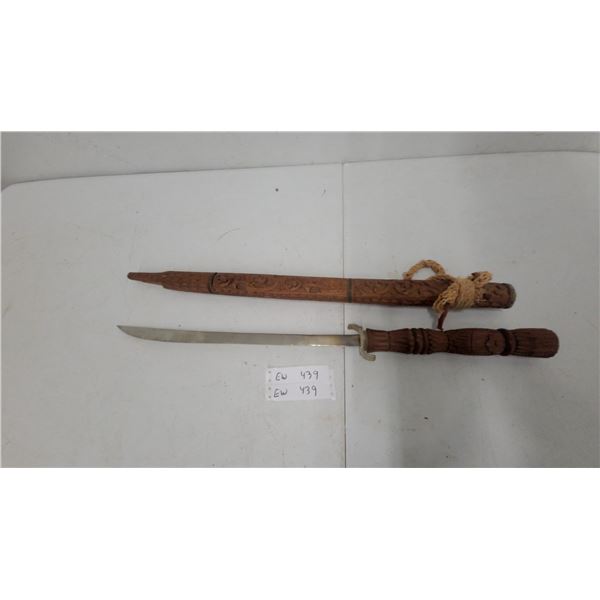 Southeast Asian Bolo Knife or Short Sword With Carved Wooden Handle and Sheath