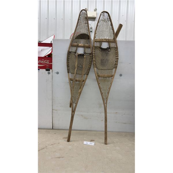 Vintage Algonquin-Style Wooden Snowshoes with Rawhide Lacing and Fabric Bindings, 59" x 12"