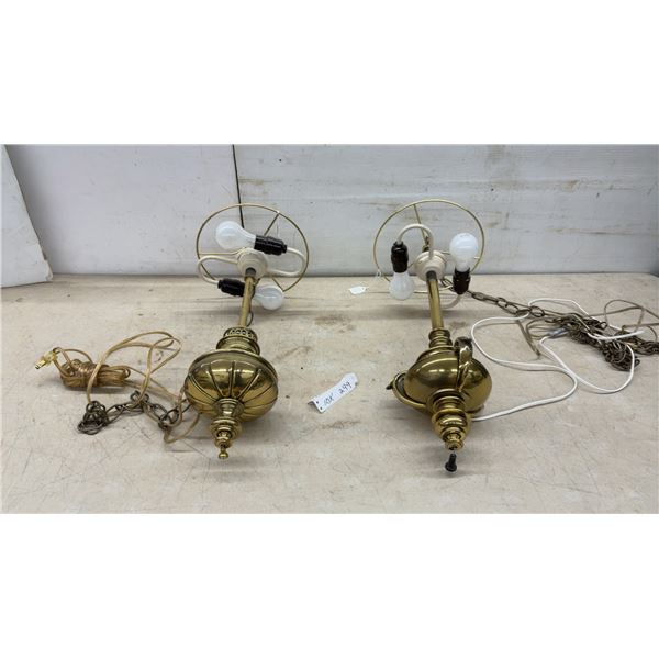Pair of Brass Hanging Light Fixtures w/ 2-Light Sockets, Bulbs, & Chains, Approximately 22" Tall.