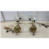 Image 1 : Pair of Brass Hanging Light Fixtures w/ 2-Light Sockets, Bulbs, & Chains, Approximately 22" Tall.