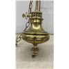 Image 3 : Pair of Brass Hanging Light Fixtures w/ 2-Light Sockets, Bulbs, & Chains, Approximately 22" Tall.