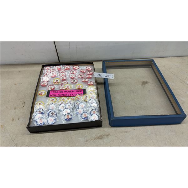 Seventy 1995-96 Parkhurst NHL Hockey Coins in Showcase, 16" x 12 1/2"
