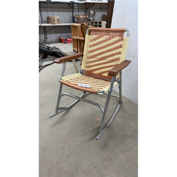Vintage Aluminum & Woven Fabric Strap Rocking Chair, Brown & Cream Diagonal Weave