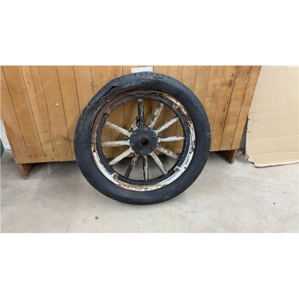 Antique Early 20th Century Wooden Artillery Wheel with Goodyear Pneumatic Tire and Demountable Rim