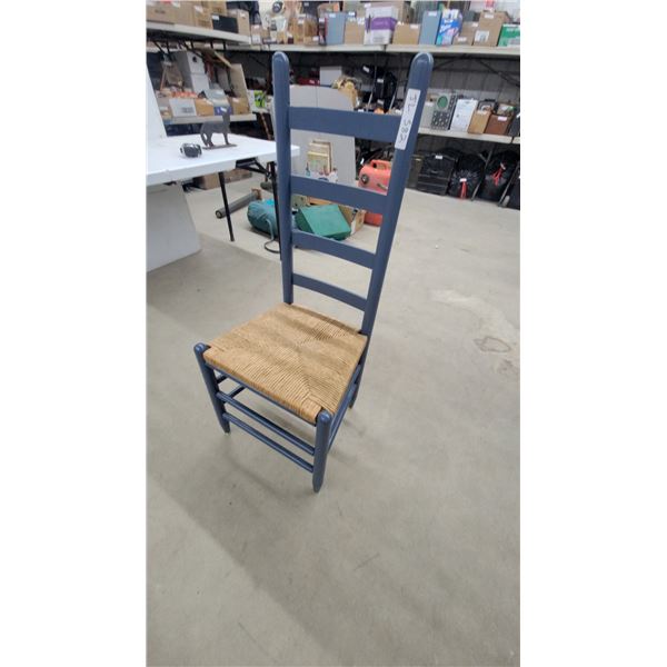 Slate Blue Ladder-Back Dining Chair With Woven Rush Seat