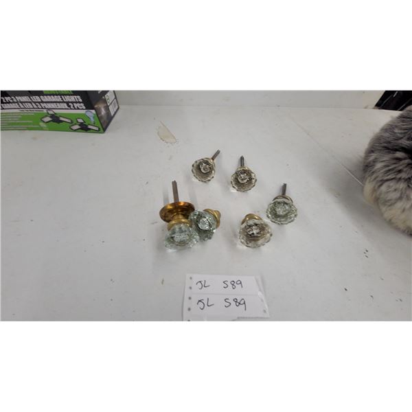 Antique Faceted Glass Doorknobs and Drawer Pulls with Brass Hardware