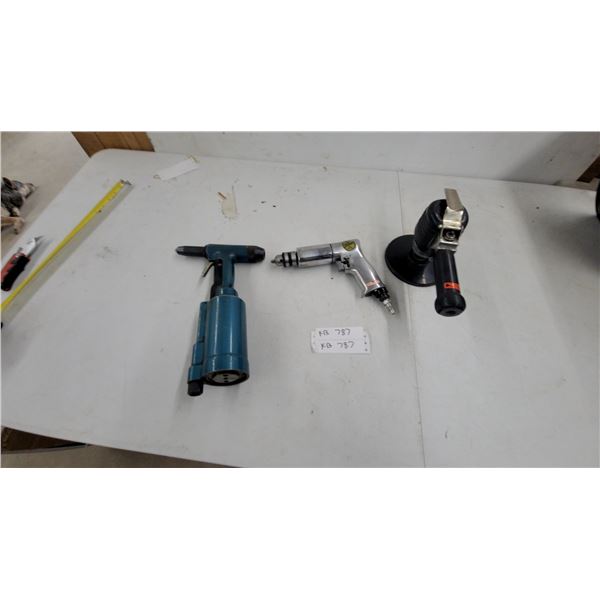 Pneumatic Tool Lot: Blue Rivet Gun, Silver Pistol-Grip Drill, and Black Disc Sander/Grinder