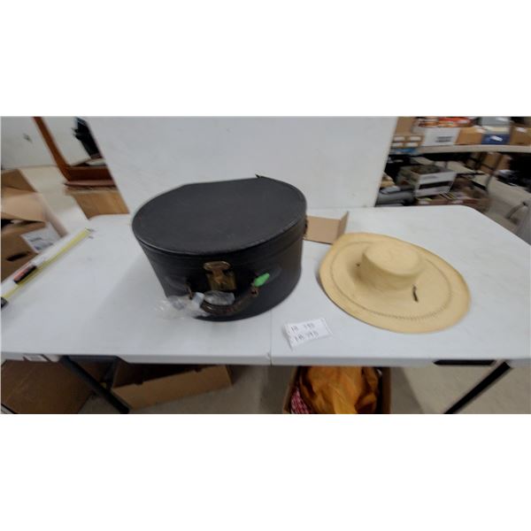Vintage Oval Leather Hat Box with Brass Latch and Straw Hat and Feathers