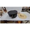 Image 1 : Vintage Oval Leather Hat Box with Brass Latch and Straw Hat and Feathers