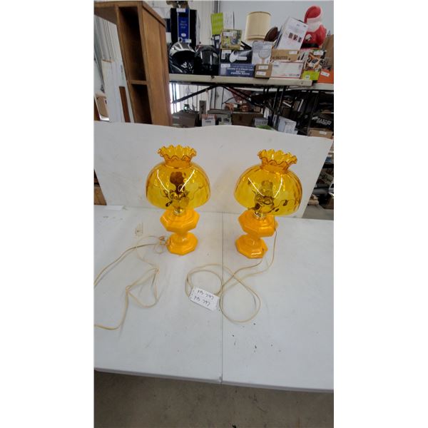 Pair of Vintage Amber Pressed Glass Hurricane Table Lamps with Ruffled Shades and Hexagonal Bases