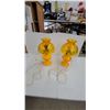 Image 1 : Pair of Vintage Amber Pressed Glass Hurricane Table Lamps with Ruffled Shades and Hexagonal Bases