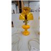 Image 2 : Pair of Vintage Amber Pressed Glass Hurricane Table Lamps with Ruffled Shades and Hexagonal Bases