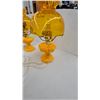 Image 5 : Pair of Vintage Amber Pressed Glass Hurricane Table Lamps with Ruffled Shades and Hexagonal Bases