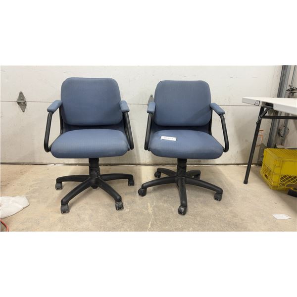 Pair of Blue Fabric Office Task Chairs With Black Armrests and Five-Star Caster Bases & Rolling