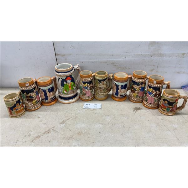 Collection of Ten German-Style Ceramic Beer Steins With Embossed Relief Scenes