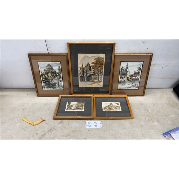 Set of Five Framed Nikola Hand-Colored Etchings, Quebec City Scenes Including Château Frontenac