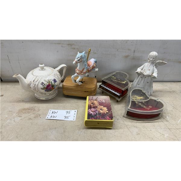 6 Music Boxes; Angel, Tea Kettle, Piano and More