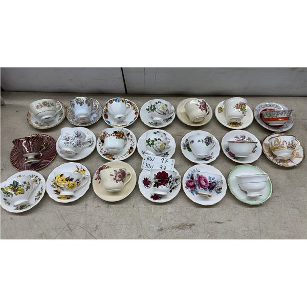 Collection of Vintage Bone China Floral Teacups and Saucers, Mid-20th Century