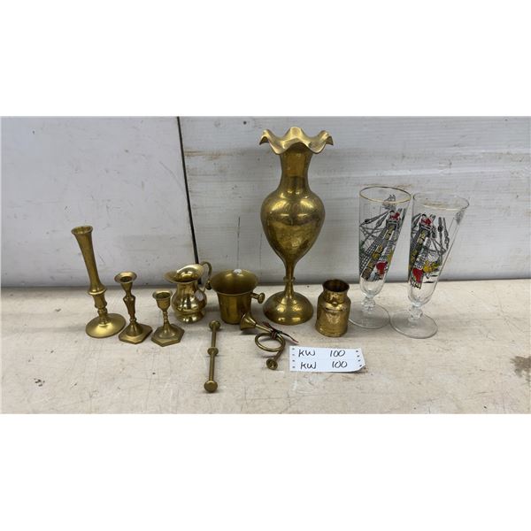 Vintage Brass Vase, Candlesticks, Pitcher, Mortar, and Nautical Pilsner Glasses and More