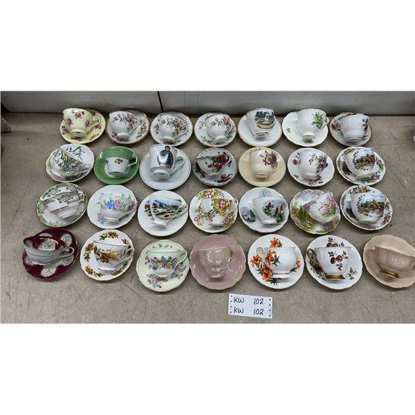 A Collection of Porcelain Teacups & Saucers, Various Patterns & Colors