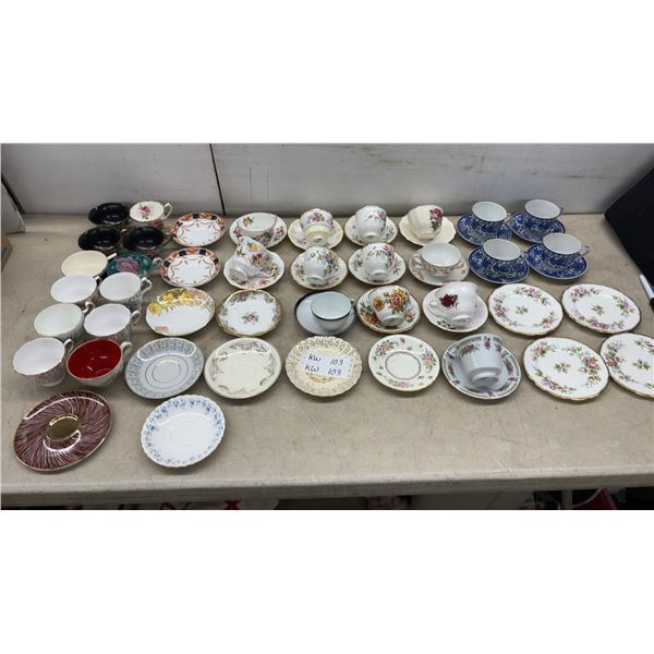 Assorted Vintage Porcelain and Fine China Teacups and Saucers with Floral Patterns