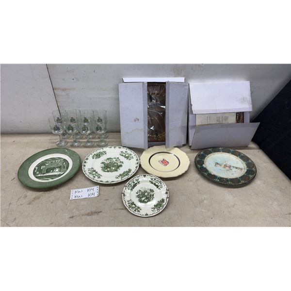 RCMP Crested Stemware, Green Transferware Plates, Union Jack Commemorative Plate and 2 Empty