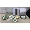 Image 1 : RCMP Crested Stemware, Green Transferware Plates, Union Jack Commemorative Plate and 2 Empty