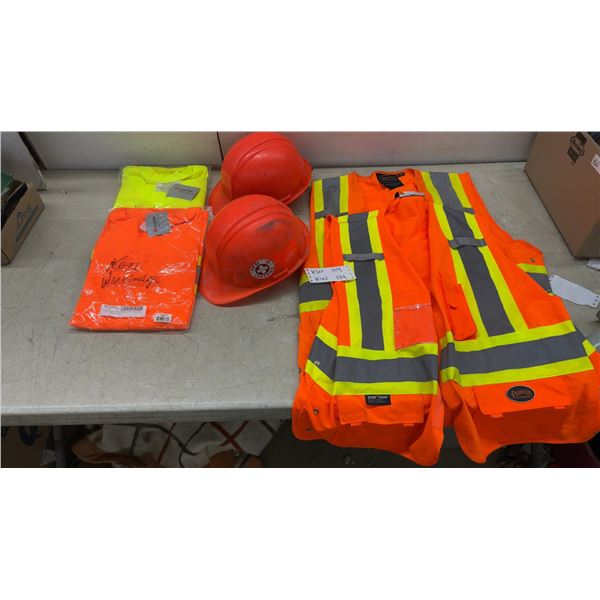 Lot of Safety Gear: 2 3M Scotchlite Micromesh Polyester T-Shirts, 2 Pioneer Vests, 2 Hard Hats