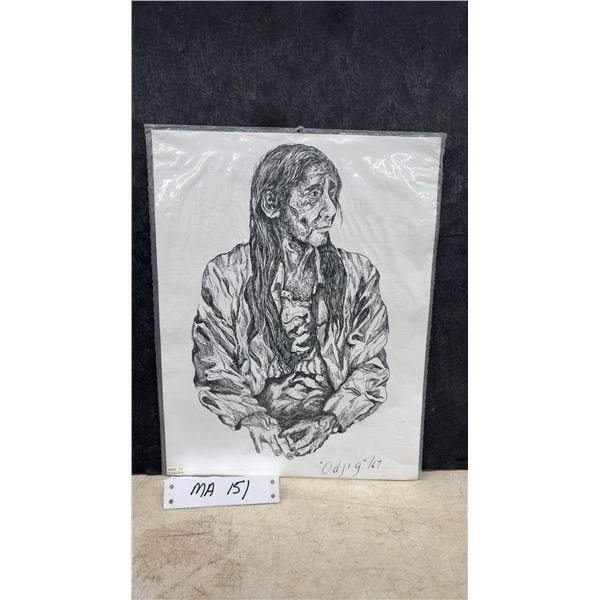 Daphne Odjig 1967 Signed Black and White Print of Elderly Indigenous Figure, 13" x 10"