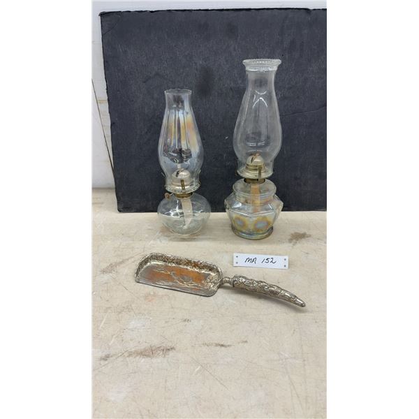 Vintage Silver-Plated Crumb Scoop with Flying Ducks Design and Two Glass Oil Lamps with Chimneys